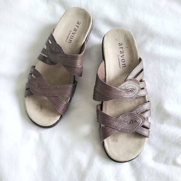 Aravon Kendall Slide Sandals Women's US 8B Brown Leather Upper Comfort WSK10BZ - Picture 1 of 6
